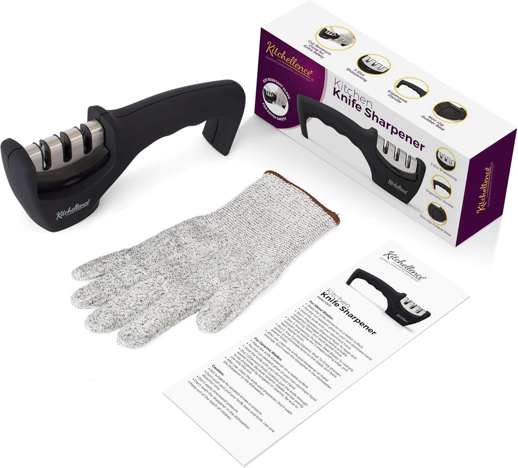 Kitchen knife sharpener with safety glove